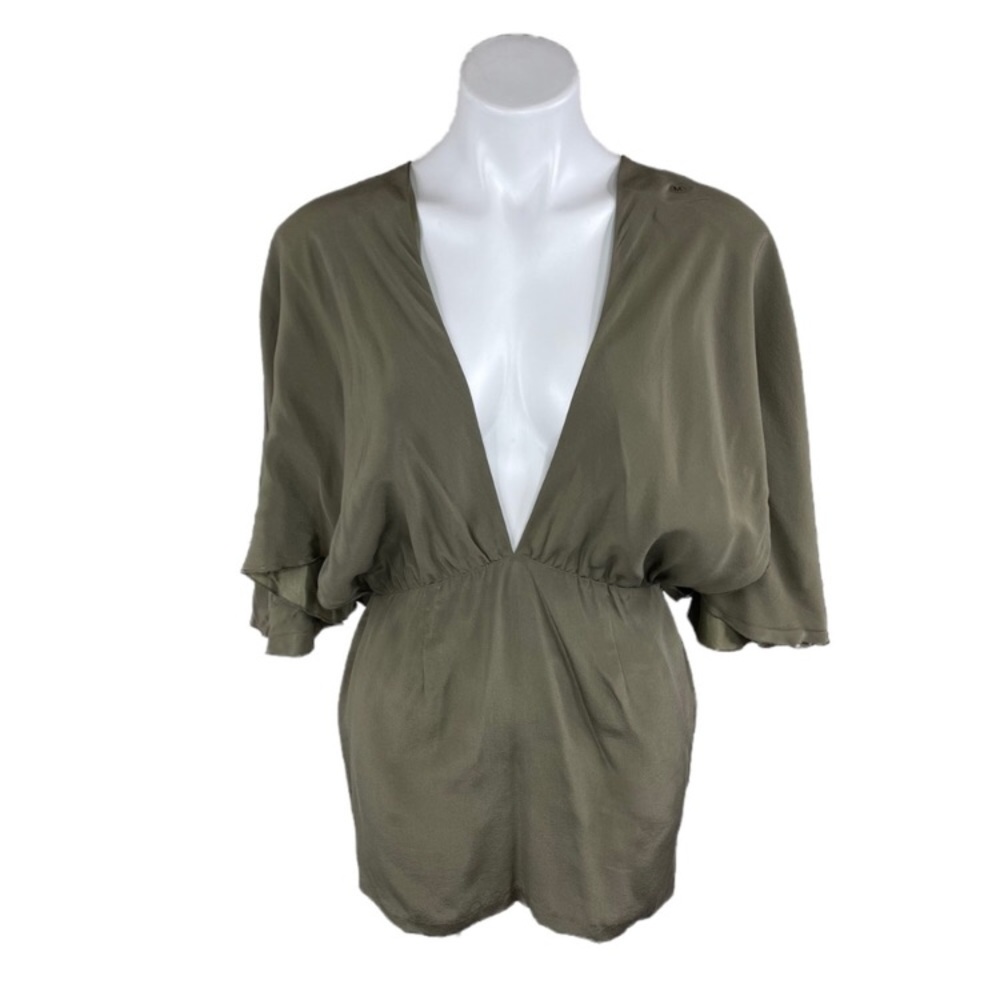 NWT VINTAGE G-Unit 100% Silk Olive Deep V-neck Dolman Sleeve Tunic Mini Dress